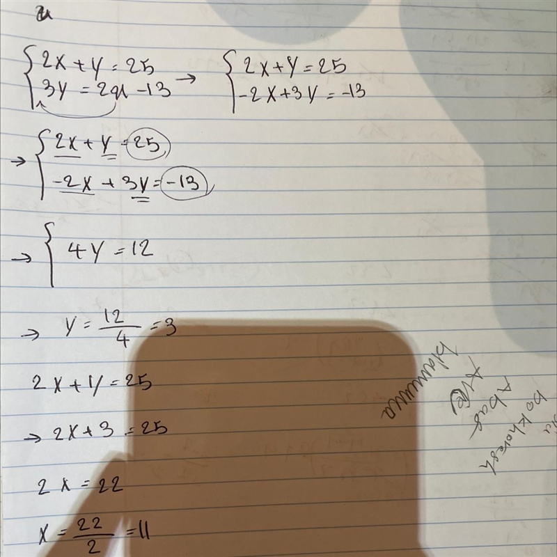 PLEASE HELP ME! Solve: system by elimination form 1. 2x + y = 25 3y = 2x - 13 -----------------------------------------------------example-1