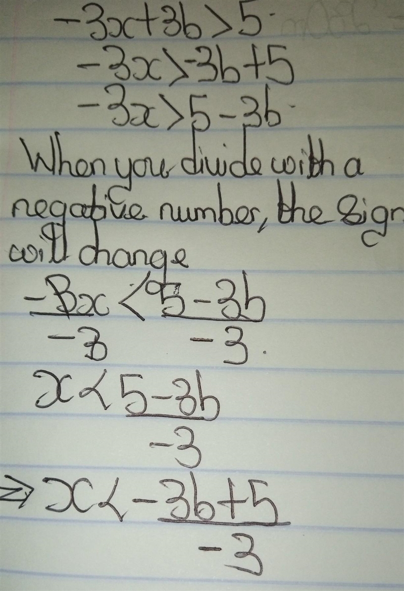 Solve for x. - 3x + 3b > 5-example-1