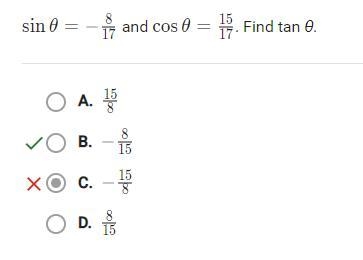 Given that cos θ = 8/17 and sin θ = -15/17 what is the value of tan θ​-example-1