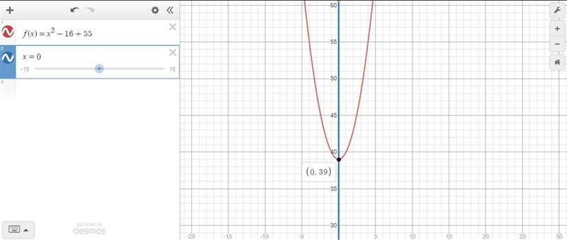 Find the axis of symmetry and the vertex of the graph of f (x) = x^2 - 16 + 55-example-1