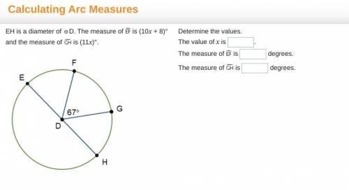 EH is a diameter is D. The measure of EF is (10x + 8) and the measure of GH is (11x-example-1