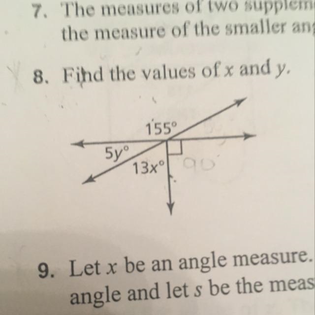 The values are 155 degrees, 5y degrees, and 13x degrees. find the values of x and-example-1