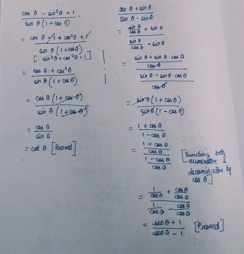 Prove that : Question 1 : (cos\theta - sin^2\theta +1)/(sin \theta(1+cos \theta )) = cot-example-1