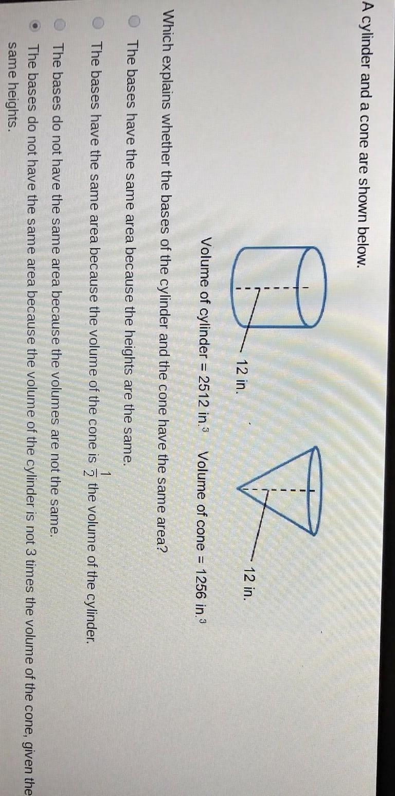 A cylinder and a cone are shown below. - 12 in. - 12 in. Volume of cylinder = 2512 in-example-1