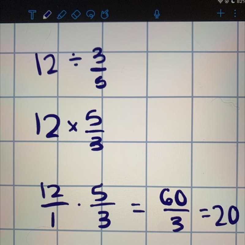 Twelve divided by three fifths.-example-1