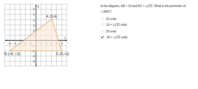 In the diagram, AB = 10 and AC = 2 StartRoot 10 EndRoot. What is the perimeter of-example-1