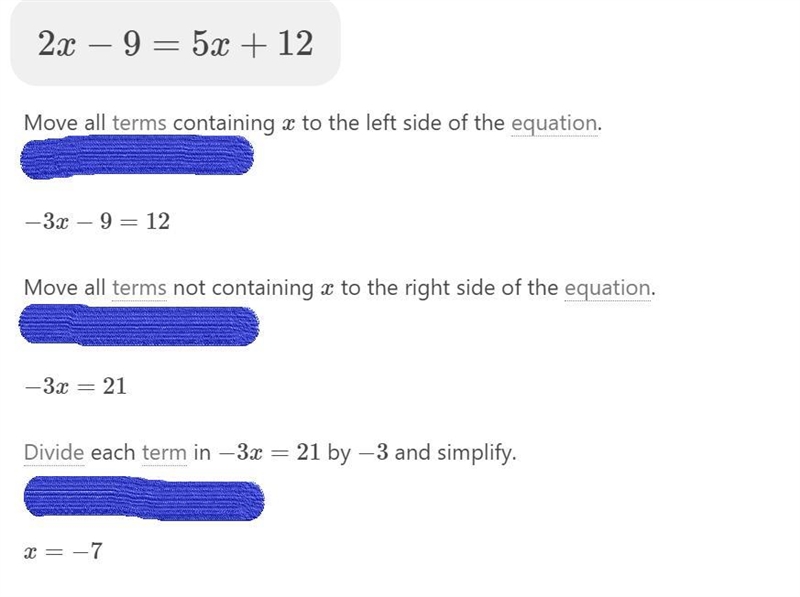 What is 2x-9=5x+12 with the step by step-example-1