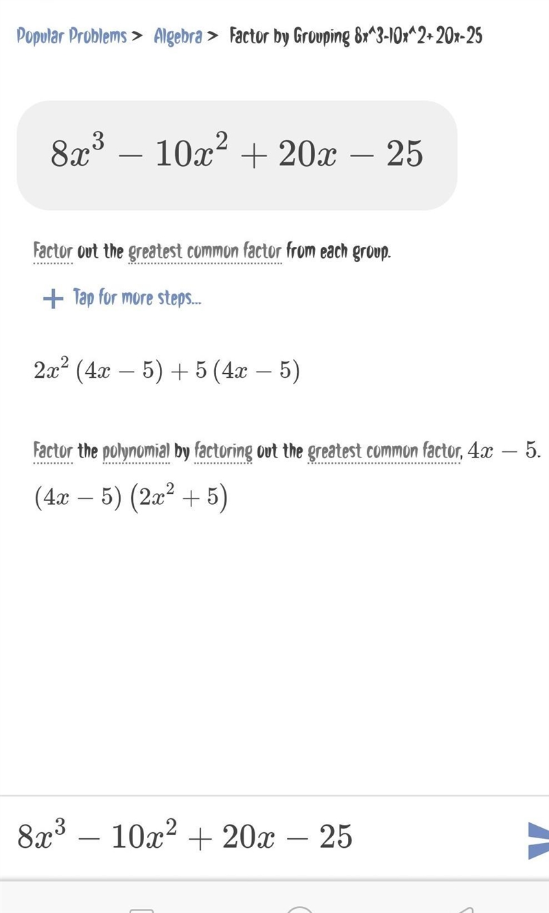 Factor by grouping, Factor each completely 1) 8x^3 + 10x² + 20x + 25​-example-1