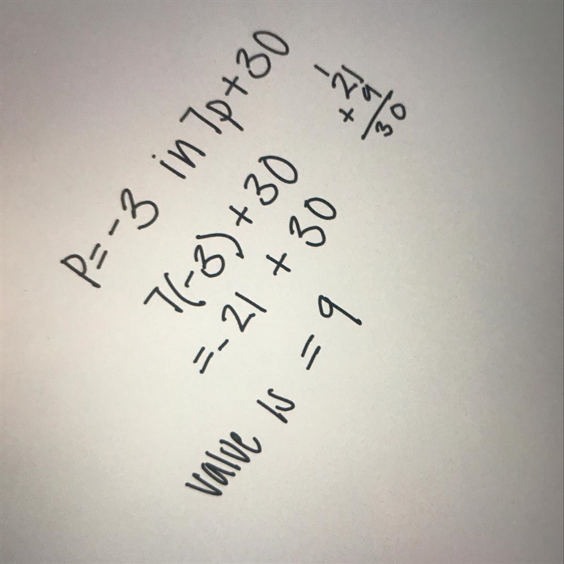 Evaluate the expression for the given variable 7p+30. when p= -3​-example-1