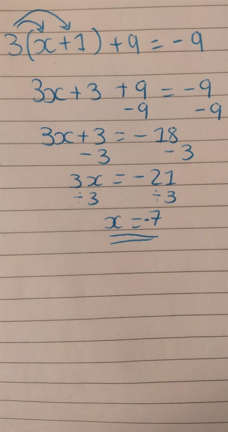 How do you solve this problem step by step? 3(x+1)+6=-9-example-1