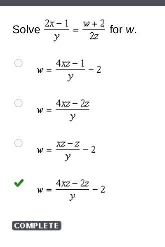 Solve (2x-1)/(y)=(w+2)/(2z) for w-example-1