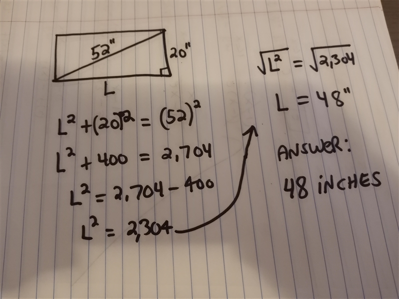 The diagonal of a rectangular tabletop measures 52 inches. If the width is 20 inches-example-1