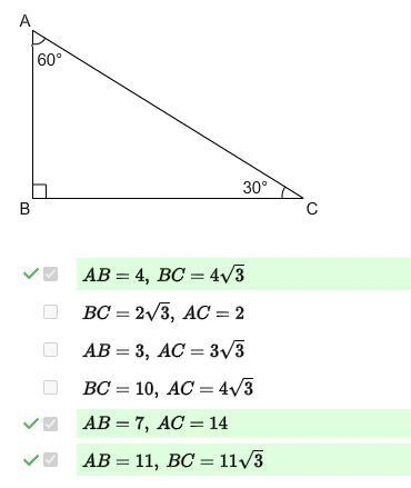 Which THREE pairs of measurements are possible side lengths for a 30-60-90 triangle-example-1