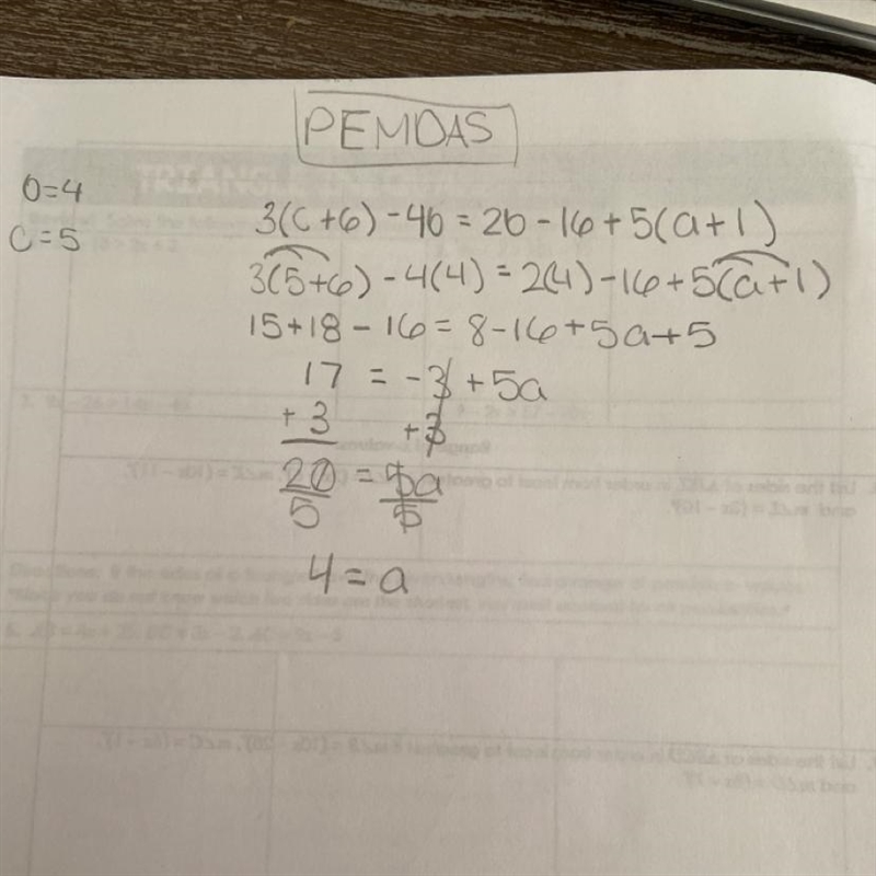 Solve for a when b = 4 and c = 5. 3(c + 6) – 4b = 2b – 16 + 5(a + 1)-example-1