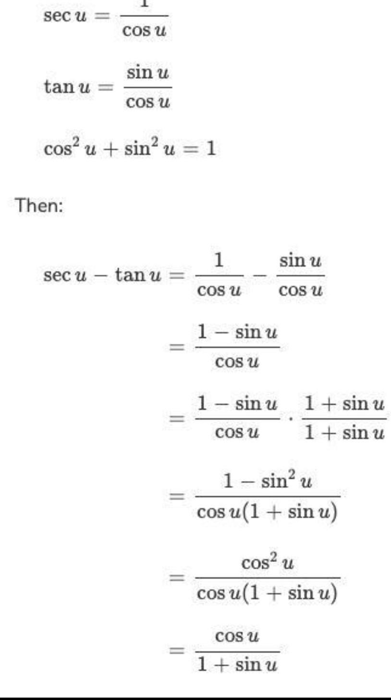 Please Help. Pre calc Establish the Identity : sec u +tan u =cos u/1-sin u-example-1