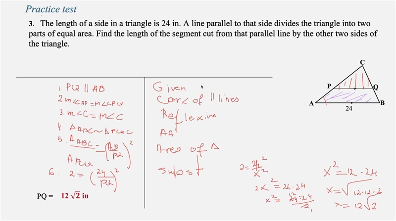 HELP ASAP The length of a side in a triangle is 24 in. a line parallel to that side-example-1