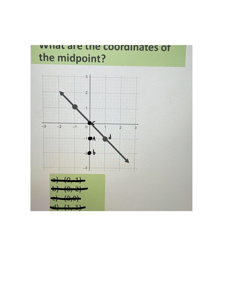 What are the coordinates of the midpoint? 2 -3 -2 -1 o 2 -1 -2 a) (0,-1) b) (0,-2) c-example-1