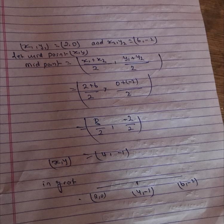 What is the midpoint between the two points (2,0) & (6,-2) *-example-1