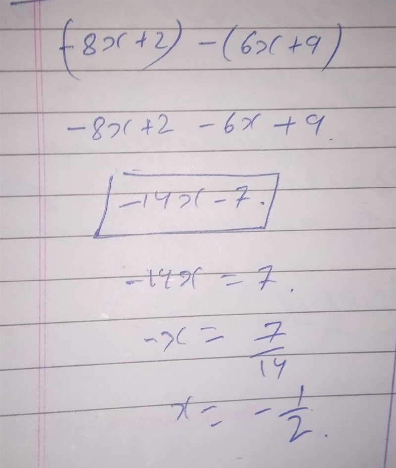 27. Which expression is equivalent to (-8x + 2) - (6x + 9)? A - 2x - 7 B -2x + 11 C-example-1