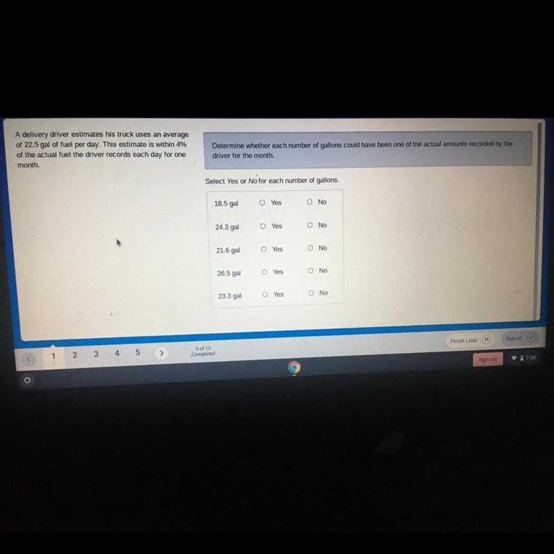 A delivery driver estimates his truck uses an average of 22.5 gal of fuel per day-example-1