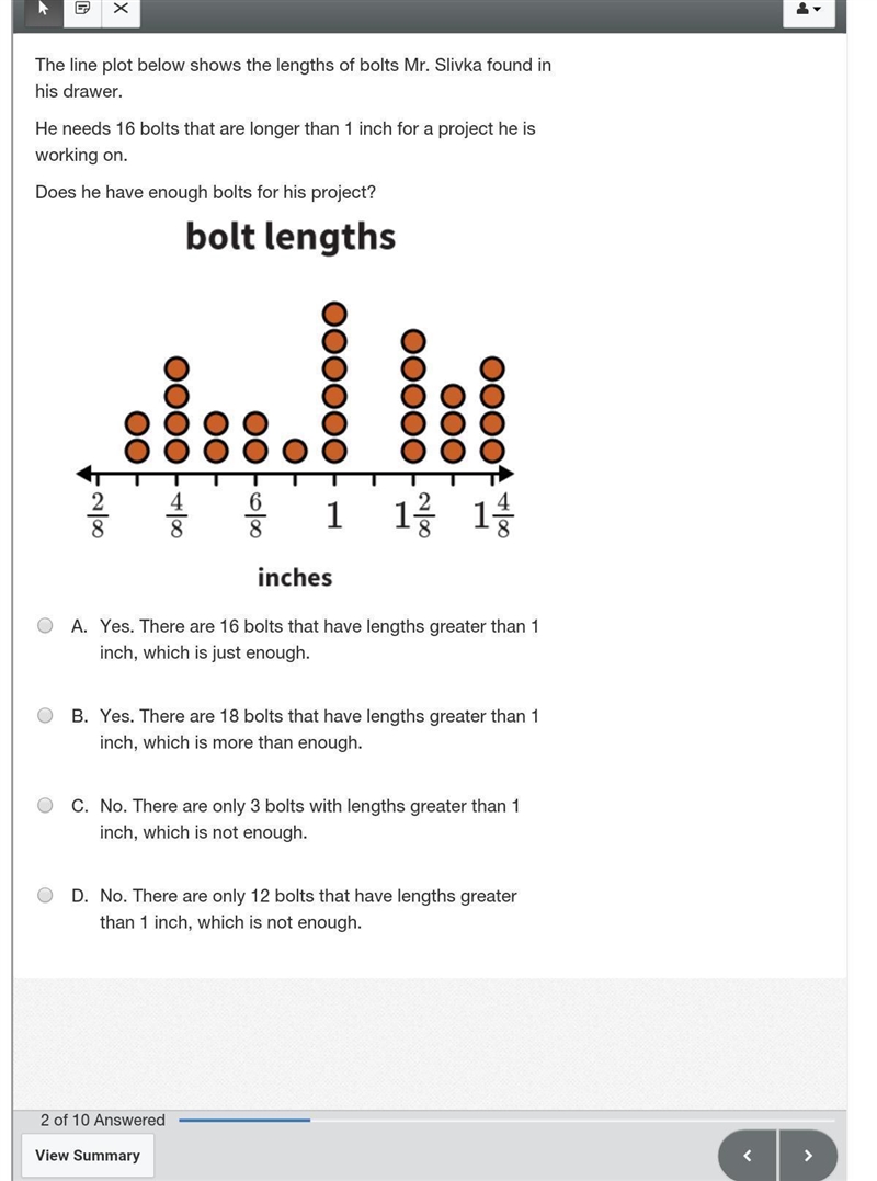 The line plot below shows the lengths of bolts Mr. Slivka found in his drawer. He-example-1