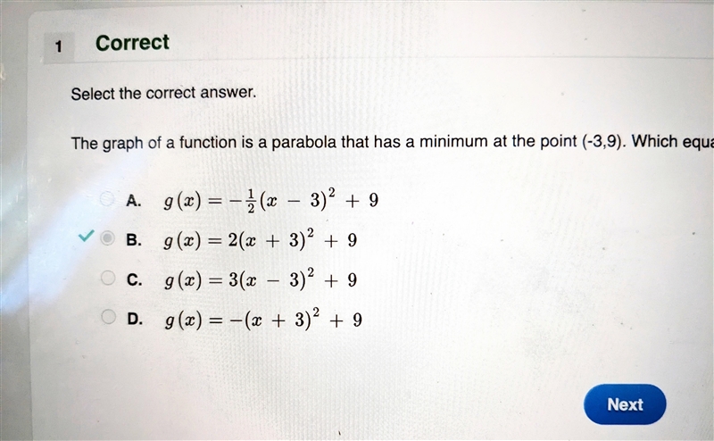 The graph of a function is a parabola that has a minimum at the point (-3,9). Which-example-1