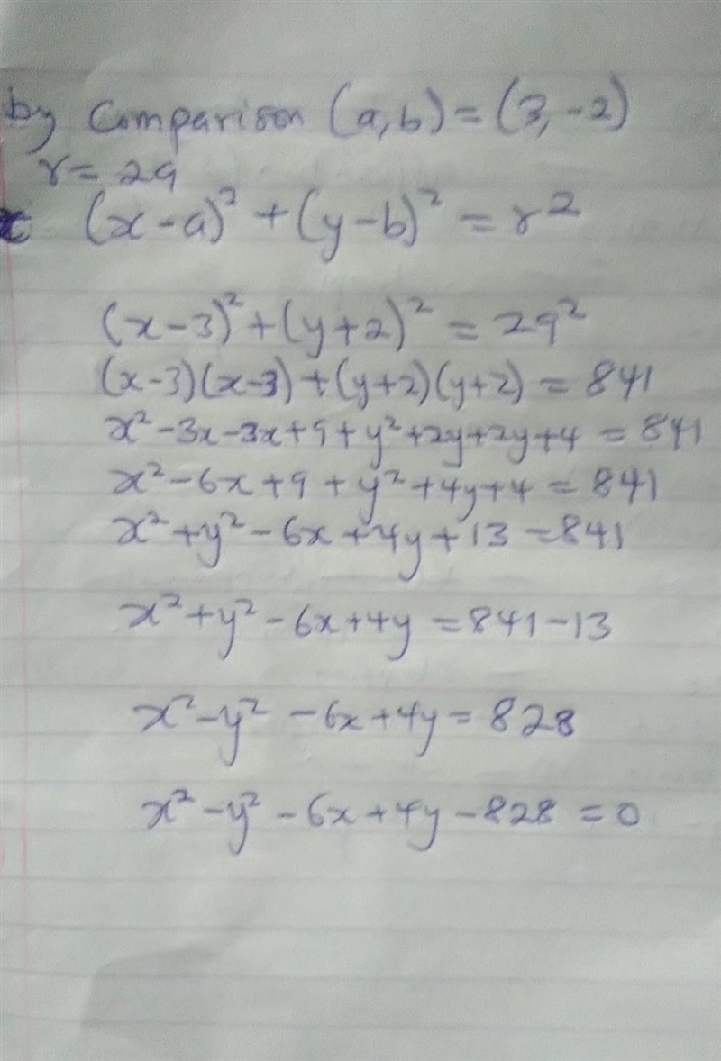 The equation of a circle whose center is (3,-2) and r =29-example-1