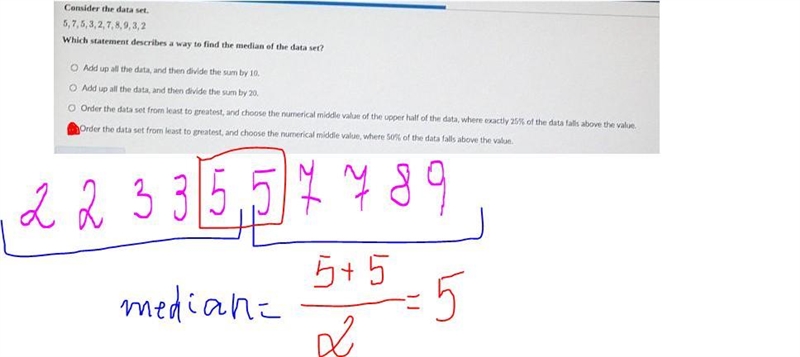 Which statement describes a way to find the median if the data set?​-example-1