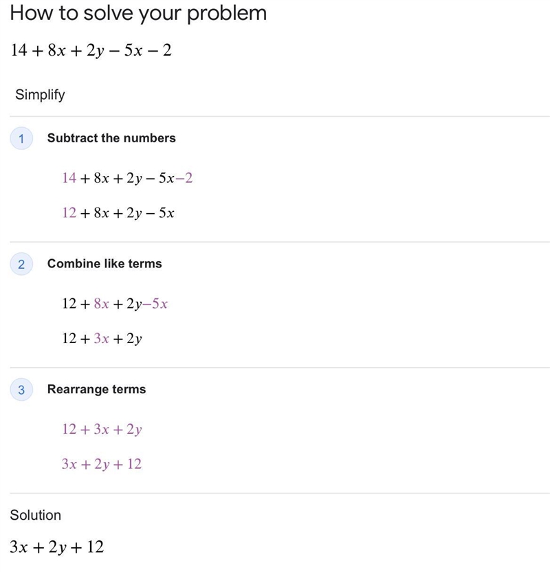 1. Combine the like like terms 14 + 8x + 2y -5x - 2-example-1