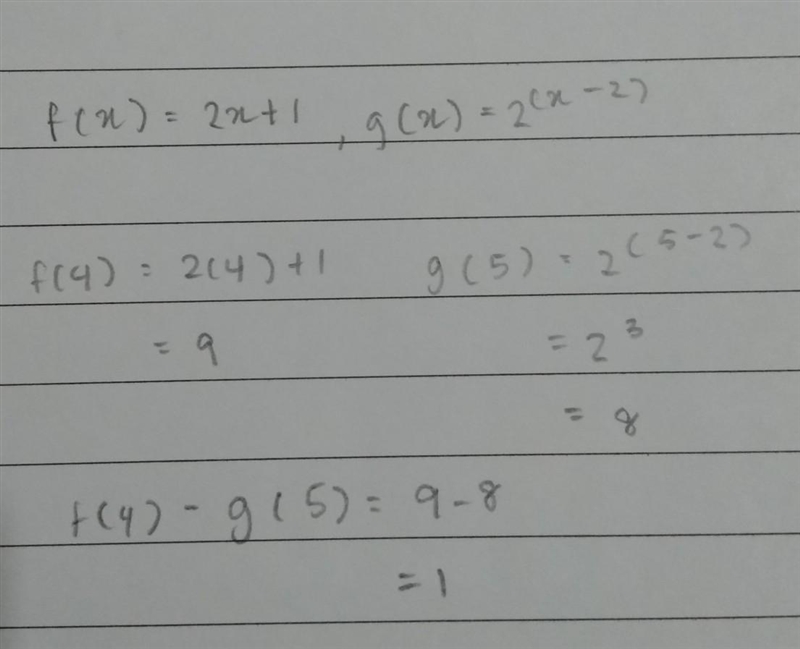 Given f(x) = 2x + 1 and g(x) = 2 ^ (x - 2) What is f(4) - g(5)-example-1