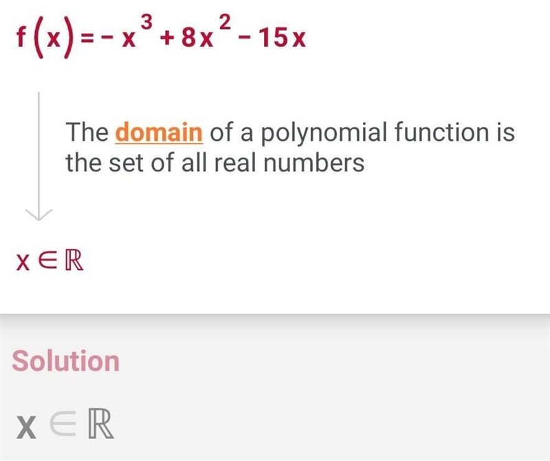 F(x) = -x^3+8x^2-15x Domain: Range: R Rel. Maximum: X=3 Rel. Minimum(s): X2 End Behavior-example-1