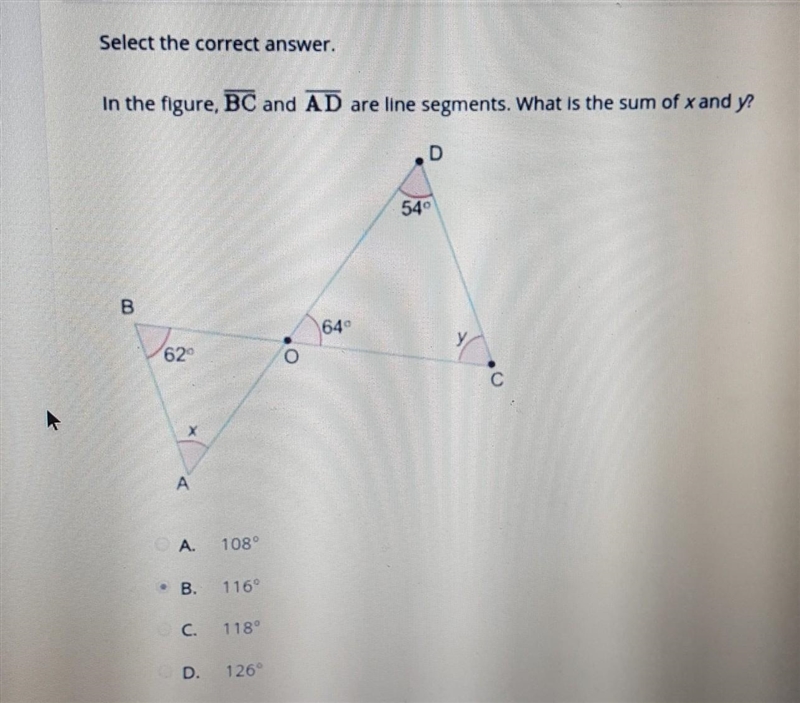 In the figure, BC and AD are line segments. What is the sum of x and y? A 108° B 116° C-example-1