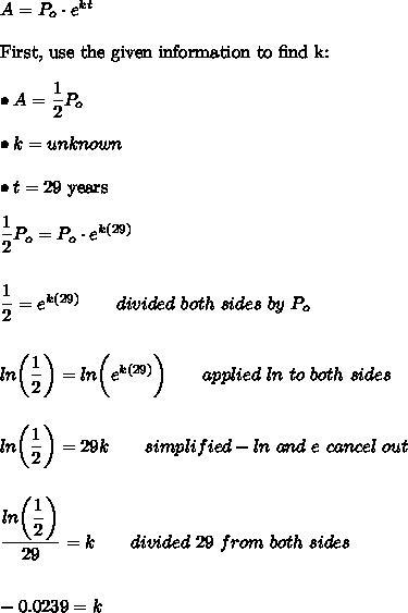 Exponential growth and decay: The half life of strontium-90 is approximately 29 year-example-1