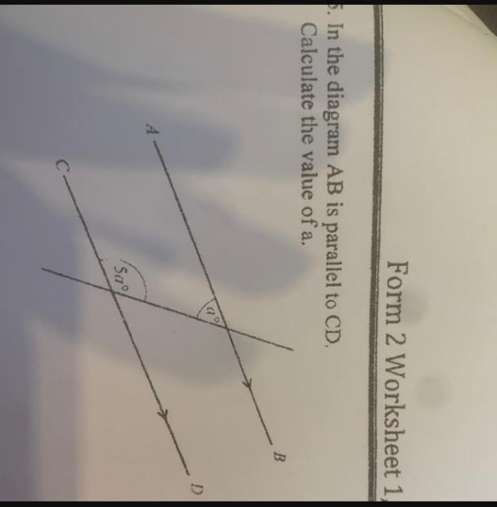 In the diagram AB is parallel to CD. Calculate the value of A ?-example-1