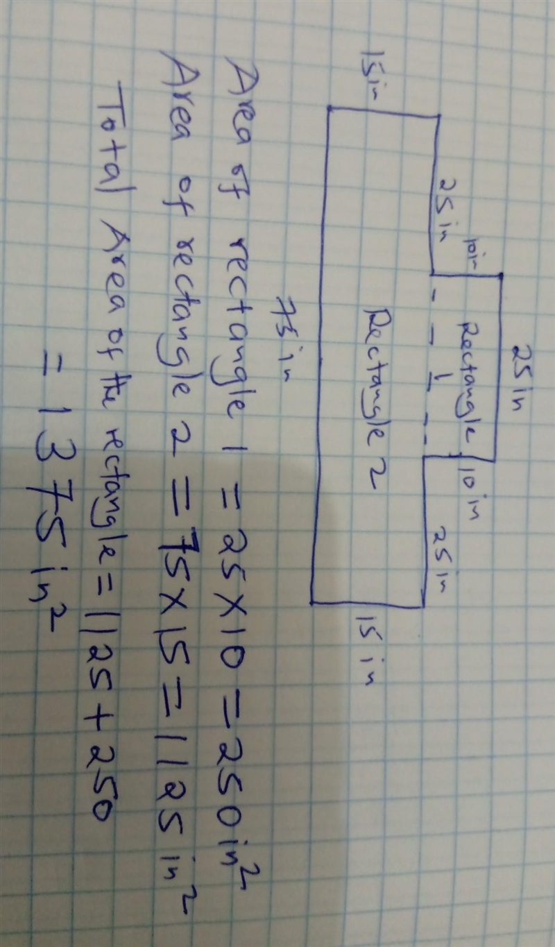 The figure shown is created by joining two rectangles. Enter the area, in square inches-example-1