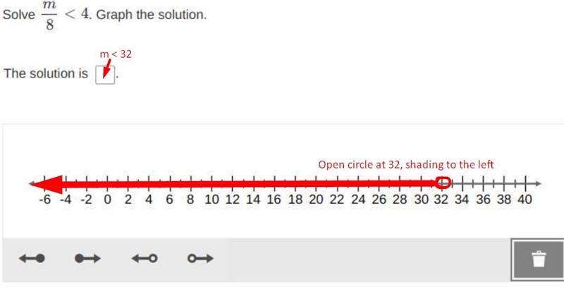 Open or closed circle? What is the answer for the number line? What is the solution-example-1