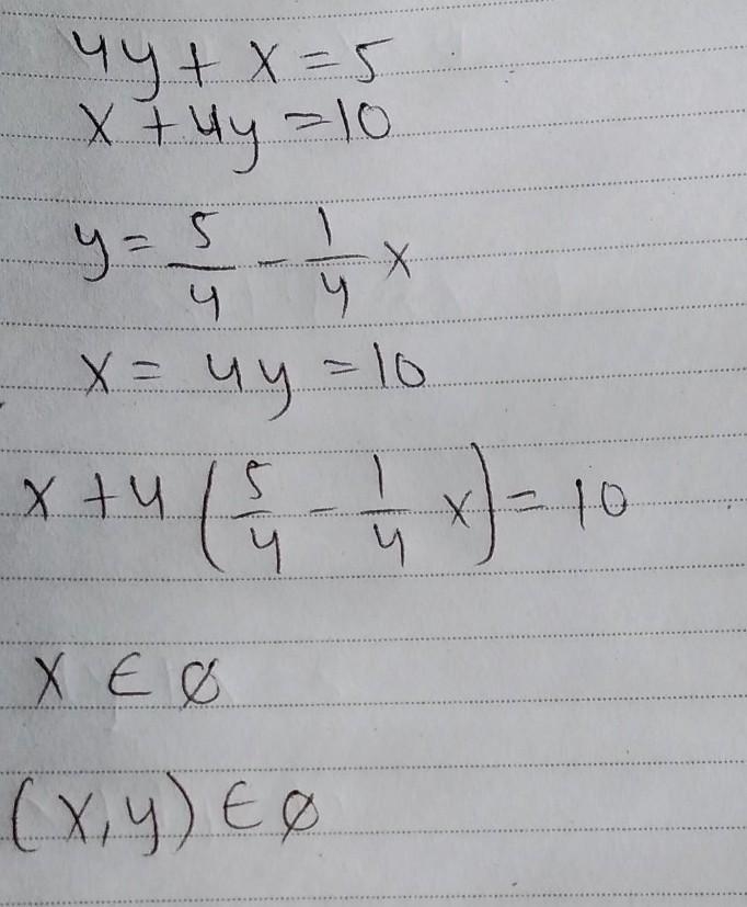 What is the solution to this system of equations? 4y + x = 5 x + 4y = 10-example-1