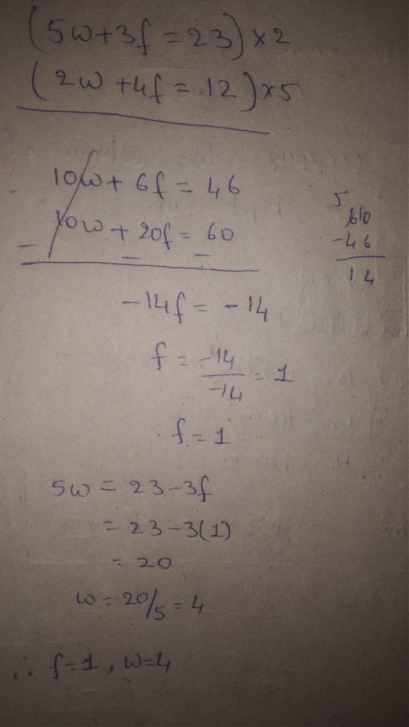 5w = 23 - 3f and 4f = 12 - 2w-example-1