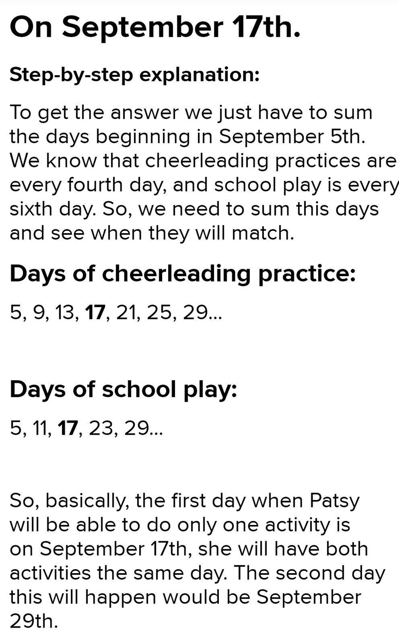 Can someone help me please. Patsy has cheerleading practice every fourth day. She-example-1