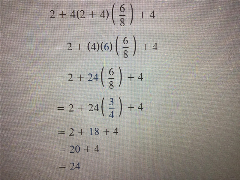 What is the value of 3 to the power of 2 + 4(2 + 4) × 6 ÷ 8 + 4?-example-1