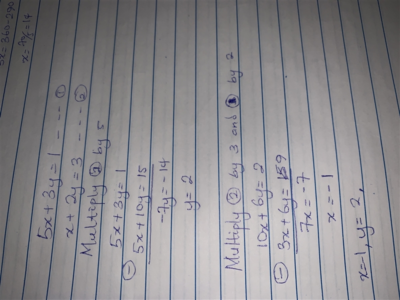 Solve the following system of equations using the elimination method 5x+3y=1 x+2y-example-1