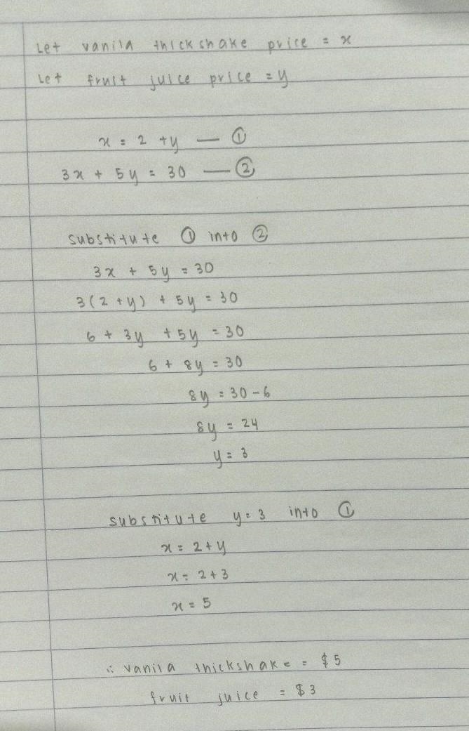 A vanilla thickshake is $2 more than a fruit juice. If 3 vanilla thickshakes and 5 fruit-example-1