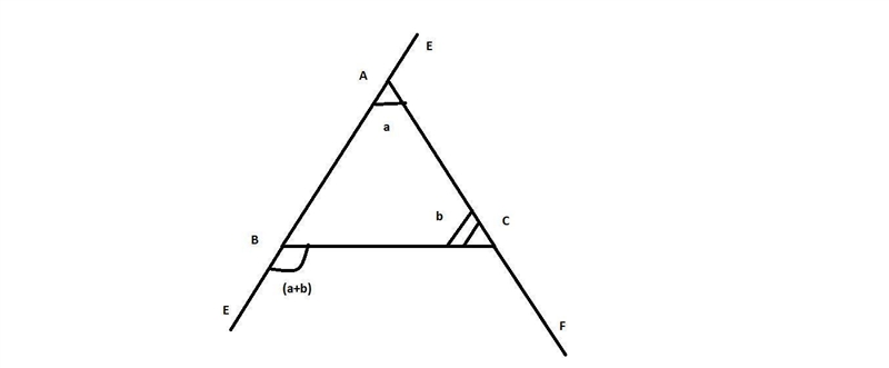 Triangle A B C is shown with its exterior angles. Line B A extends through point D-example-1