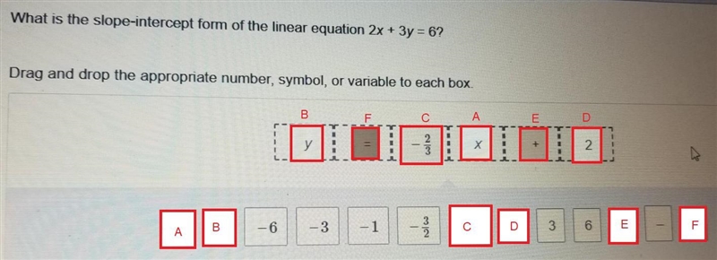 What is the slope-intercept form of the liner equation 2x + 3y = 6? x, y, -6, -3, -1, \ - (3)/(2) \ - (2)/(3) 2, 3, 6, +, -, =, ​-example-1