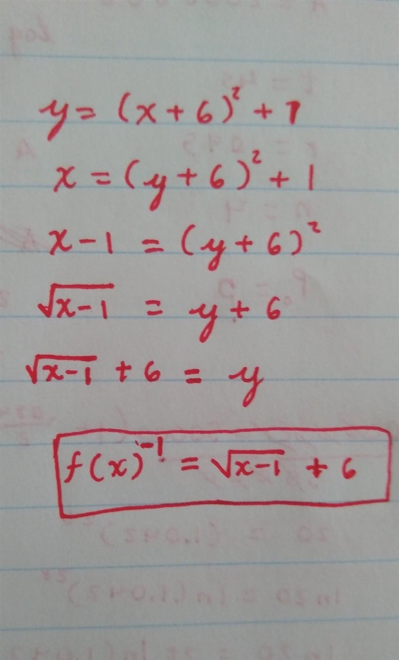 Help please! Find the inverse equation of this function f(x) = (x + 6)^2 + 1 Thank-example-1