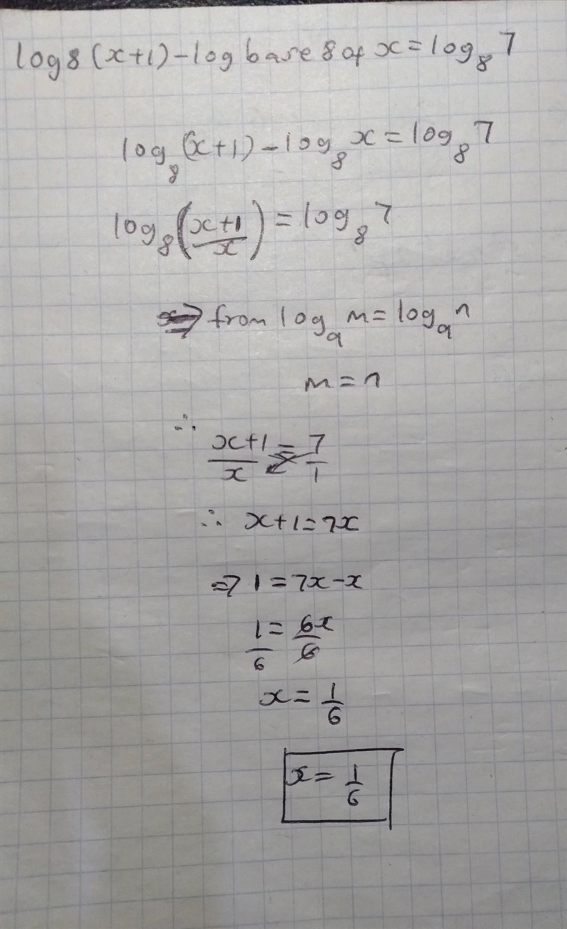 Please condense and/or solve and show work. log8(x+1)-log base 8 of x=log base 8 of-example-1