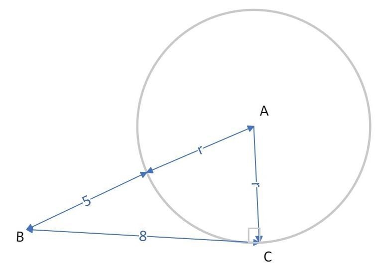 CB is tangent to ⊙A at point C. Find the radius. Circle A is shown. Line segment A-example-1