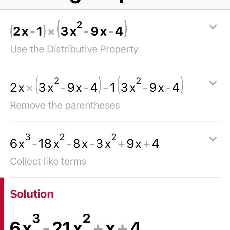 Feb 05, 3:07:40 PM Simplify the expression to a polynomial in standard form: (2x - 1)(3x-example-1