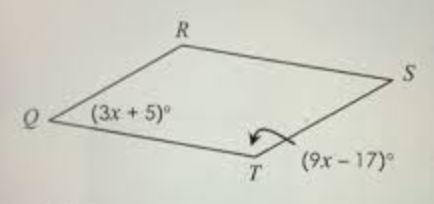 Quadrilateral QRST is a parallelogram. Solve for x (3x+5) (9x-17)-example-1