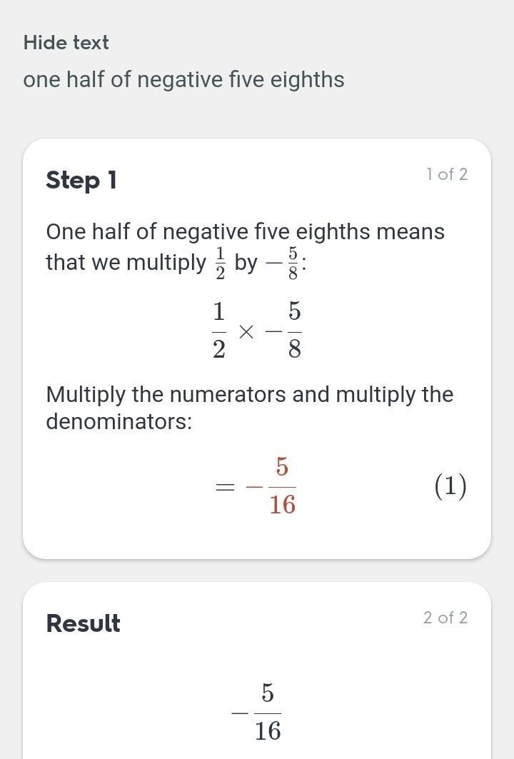 One half of negative five eights in numerical epression-example-1